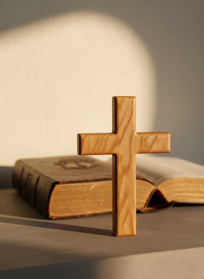 A finely crafted wooden cross made of warm, honey-toned oak stands alone on a smooth stone surface, its grain clearly visible and edges gently worn, symbolizing long contemplation. Behind it, an open leather-bound Bible lies slightly out of focus, pages softly curled. Late afternoon sunlight filters through an unseen window, casting a golden glow that outlines the cross and creates a gentle halo of light on the wall. Photographic realism, eye-level composition with shallow depth of field, calm and contemplative mood, clean and modern aesthetic, emphasizing truth, meaning, beauty, and purpose without any human presence.