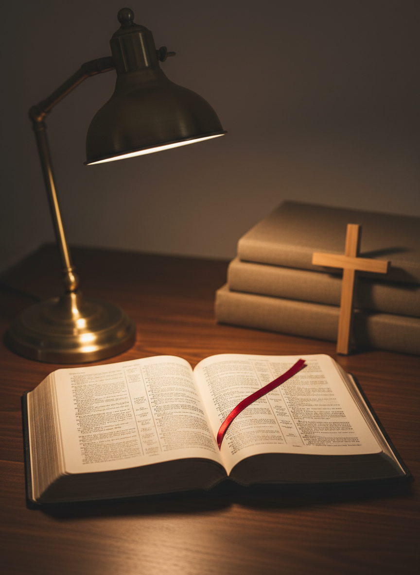 An open Bible rests on a dark walnut desk, pages illuminated by a single brass desk lamp with a warm, focused beam. The thin, slightly translucent pages reveal faint text from the opposite side, and a slim red ribbon bookmark lies across a passage. In the background, out of focus, are neatly stacked notebooks and a simple wooden cross standing upright. Photographic realism with a clean, modern aesthetic, shot from a slightly elevated angle with shallow depth of field. The mood is quiet, intellectual, and reverent, emphasizing careful study and shared search for truth about Christ.