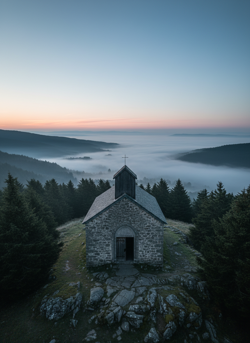 A small, weathered stone church with a simple steeple rises from a mist-covered hillside, surrounded by dark evergreen trees and a sweeping valley fading into the distance. The building’s rough gray stones and wooden door are rendered in high photographic detail, with delicate patches of moss at the base. Cool, soft pre-dawn light bathes the scene, with a faint glow in the sky hinting at sunrise. The mood is reverent and searching, captured from a slightly elevated angle with a wide lens, creating depth and space for reflection, minimal and professional in style.